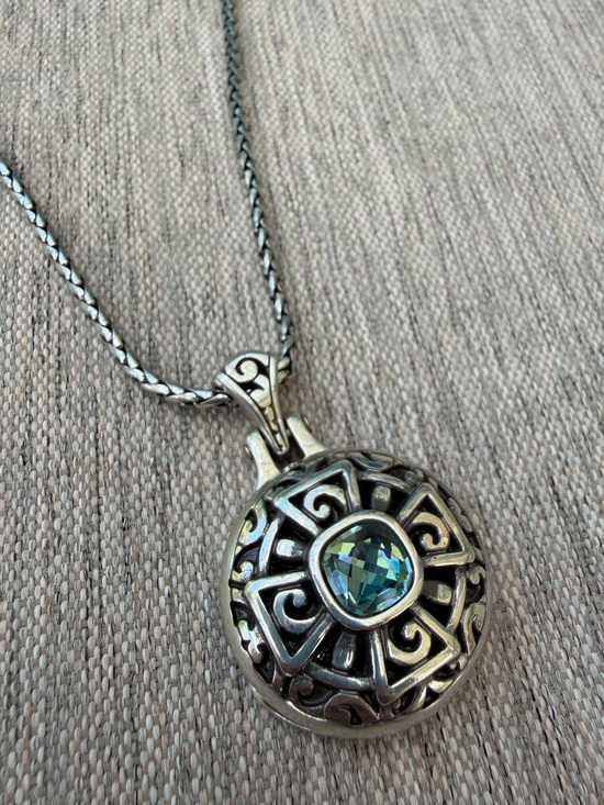 Brighton Jewelry - BRIGHTON Locket Celtic Blue Crystal Stone Long Filigree Silver Pendant Necklace